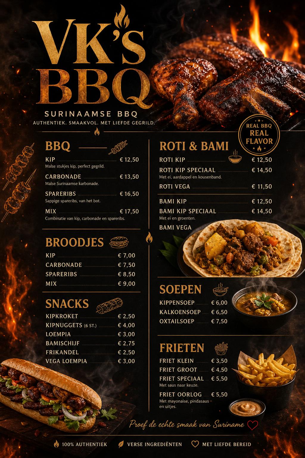VK's BBQ menukaart — Surinaamse BBQ gerechten met prijzen